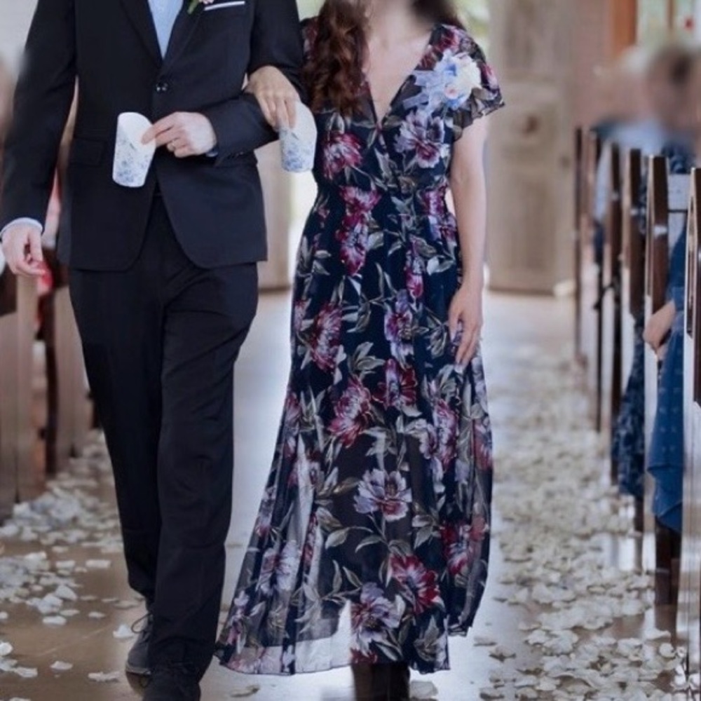 Floral V-Neck Navy Maxi Dress with Short Flutter Sleeves